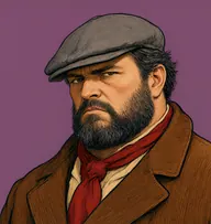 Illustrated portrait of Farmer Grimethorpe: about 50, greying black, coarse and unkempt, a rust-brown corduroy coat with a red neckerchief
