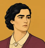 Illustrated portrait of Hannah Marryat: about 30, heavy black hair in a plain braided coil, mulberry cardigan over a cream blouse