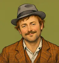 Illustrated portrait of Hardy: about 40, thinning auburn curls, combed flat, loud check jacket in blue-and-tan with a yellow tie