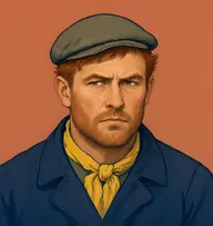 Illustrated portrait of Jukes: about 45, coarse rust-red hair, thinning on top, navy pea jacket with a yellow neckerchief