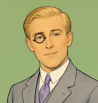 Illustrated portrait of Peter Wimsey: about 38, straw-blond, sleek and side-parted, dove-grey morning coat with a lilac silk tie