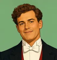 Illustrated portrait of Martin: curly chestnut hair, black dinner-jacket with a scarlet cummerbund