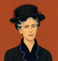 Illustrated portrait of Miss Cathcart: black with a white front streak, severely pinned, a black mourning coat with a violet-trimmed collar