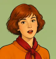Illustrated portrait of Miss Tarrant: about 23, auburn, a tousled bobbed mop, an orange jumper with a scarlet scarf