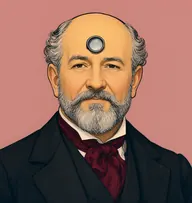 Illustrated portrait of Mr. Abrahams: about 60, steel-grey curls ringing a bald dome, black frock coat with a wine-red cravat
