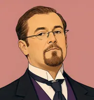 Illustrated portrait of Mr. Pettigrew-Robinson: about 55, sparse chestnut-brown, combed over the crown, a plum-purple waistcoat under a black morning coat
