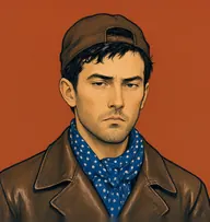 Illustrated portrait of Mr. Simpkins: about 33, greasy black hair, close-cropped, leather jacket with a blue polka-dot scarf