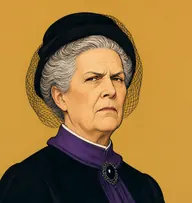 Illustrated portrait of Mrs. Burdock: about 65, grey hair in a tight roll, black mourning dress with a jet brooch and violet collar