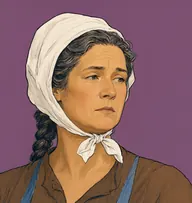 Illustrated portrait of Mrs. Hardraw: about 45, salt-and-pepper, in a thick coiled plait, a faded cornflower-blue apron over a brown dress