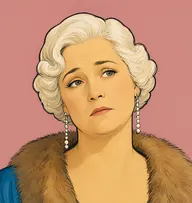 Illustrated portrait of Mrs. Ruyslaender: about 45, platinum-blond waved hair, peacock-blue evening gown with a fox fur stole