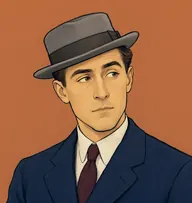 Illustrated portrait of Detective-Inspector Parker: about 38, short dark-brown hair, crisp side parting, navy suit with a burgundy striped tie