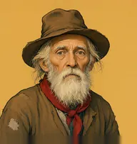 Illustrated portrait of Plunkett: about 78, wispy yellowed-white hair straggling over the ears, patched brown smock with a red neckerchief