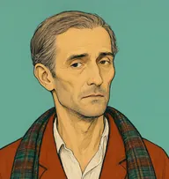 Illustrated portrait of Robert Ferguson: about 50, thin grey-brown hair brushed flat over a pale scalp, rust-coloured dressing gown over a white shirt