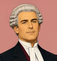 Illustrated portrait of Sir Impey Biggs: about 48, dark hair, silver at the sides, swept back, dinner jacket with a white waistcoat and a cobalt silk handkerchief