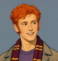 Illustrated portrait of Thomas Macpherson: about 23, shock of bright ginger hair standing up, baggy heather-purple pullover under a frayed jacket