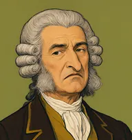 Illustrated portrait of Wigmore Wrinching: about 60, iron-grey, thin, brushed flat, a rusty-black gown with yellowed bands and a mustard waistcoat