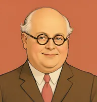 Illustrated portrait of Wilberforce Pope: about 38, wispy fair hair, bald on top, mid-brown suit with a salmon-pink tie
