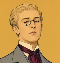 Illustrated portrait of Cecil Vyse: about 28, pale flaxen blond, smoothly brushed back, a dove-grey frock coat with a burgundy silk cravat