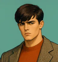 Illustrated portrait of George Emerson: about 24, dark brown, thick and unkempt, falling over the brow, a rust-orange knitted pullover under an open tweed jacket