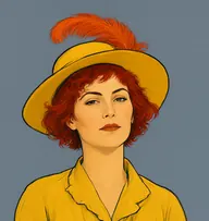 Illustrated portrait of Miss Lavish: about 42, bright hennaed red-brown, cut short and wispy under her hat, a saffron-yellow loose artistic jacket