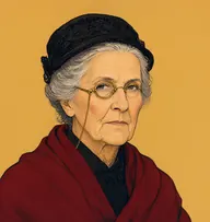 Illustrated portrait of Miss Teresa: about 72, iron-grey, scraped back under a black lace cap, a dark crimson woollen shawl