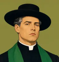 Illustrated portrait of Mr. Eager: about 45, glossy black, sleek and side-parted with grey at temples, a black clerical coat with a crisp white collar and an emerald-green stole