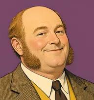 Illustrated portrait of Mr. Flack: about 50, balding on top with a ring of sandy-ginger hair, a checked brown-and-tan tweed suit with a yellow waistcoat