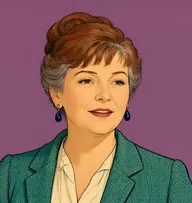 Illustrated portrait of Mrs. Honeychurch: about 48, auburn going to grey, in a practical bun with a fringe, a teal-green tweed jacket over a cream blouse