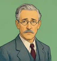 Illustrated portrait of Sir Harry Otway: about 55, silver-grey, thin and swept straight back, a faded heather-blue tweed jacket with a maroon tie