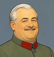 Illustrated portrait of Bassi Fillippo: silver-white, receding, brushed back, officer's grey-green tunic with a crimson collar patch