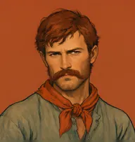Illustrated portrait of Bonello: about 32, coarse reddish-brown, shaggy, mud-stained grey-green tunic, rust-orange kerchief