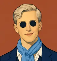 Illustrated portrait of Crowell Rodgers: about 19, pale ash-blond, cowlicked, navy blazer, white open shirt, sky-blue scarf