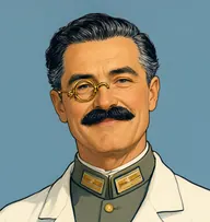 Illustrated portrait of Dr. Valentini: about 48, glossy black, grey at the temples, brushed back, grey-green major's tunic, white surgeon's coat