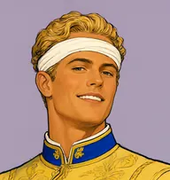 Illustrated portrait of Ettore Moretti: about 25, wavy golden-blond, slicked back, decorated tunic with bright medal ribbons, cobalt-blue collar tabs