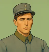 Illustrated portrait of Frederic Henry: about 28, short chestnut brown, side-parted, Italian army lieutenant's grey-green tunic with olive collar