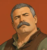 Illustrated portrait of Gavuzzi: about 40, short bristly iron-grey, patched grey-green tunic with a brown leather jerkin