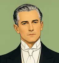 Illustrated portrait of George: about 46, slicked silver-black, black tailcoat, white waistcoat