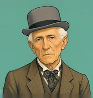 Illustrated portrait of Meyers: white, sparse, combed over, tweed jacket in heather brown, checked cravat