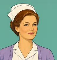 Illustrated portrait of Miss Gage: about 36, auburn pinned back under cap, a few grey strands, white nurse's uniform with a lavender cardigan