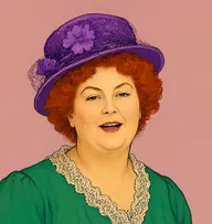 Illustrated portrait of Mrs. Meyers: about 62, brassy henna-red curls, emerald-green dress with a lace collar