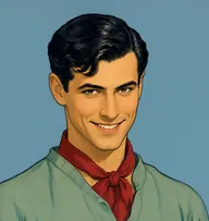 Illustrated portrait of Rinaldi: about 29, glossy black, wavy, combed back, open-collared grey-green surgeon's tunic with a crimson neckerchief