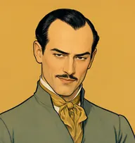 Illustrated portrait of Rocca: about 33, slick jet black, receding to a widow's peak, grey-green tunic with a gold cravat