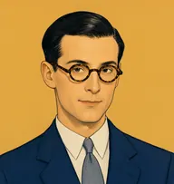 Illustrated portrait of The Narrator: about 32, black, neatly parted at the side, navy lounge suit with a dove-grey tie