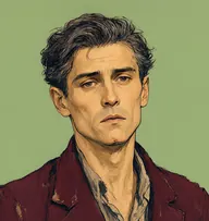 Illustrated portrait of Time Traveller: about 40, dark chestnut, unkempt and dust-streaked with grey, rumpled smoking jacket in deep burgundy, torn and dusty