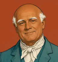 Illustrated portrait of Admiral Croft: about 58, bald crown with white fringe over the ears, faded teal-blue frock coat with loosened white neckcloth