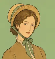 Illustrated portrait of Anne Elliot: about 27, soft light-brown hair pinned in a low loose knot, fawn pelisse over a high-waisted gown, Regency style