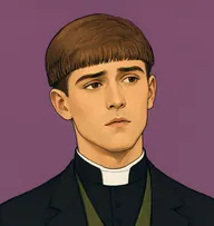 Illustrated portrait of Charles Hayter: about 24, light brown hair, short and neat, black clerical coat with a mossy-green waistcoat