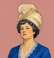 Illustrated portrait of Lady Dalrymple: about 55, dark hair streaked iron-grey in stiff sculpted curls, sapphire-blue silk gown with a lace collar
