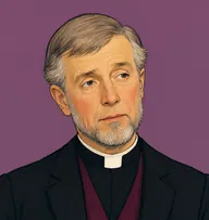 Illustrated portrait of Mr. Morland: about 50, sandy-grey, thinning, brushed forward, black clerical coat with maroon waistcoat