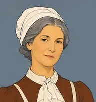 Illustrated portrait of Mrs. Morland: about 45, iron-grey, plain parted, russet-brown gown with white apron-front fichu
